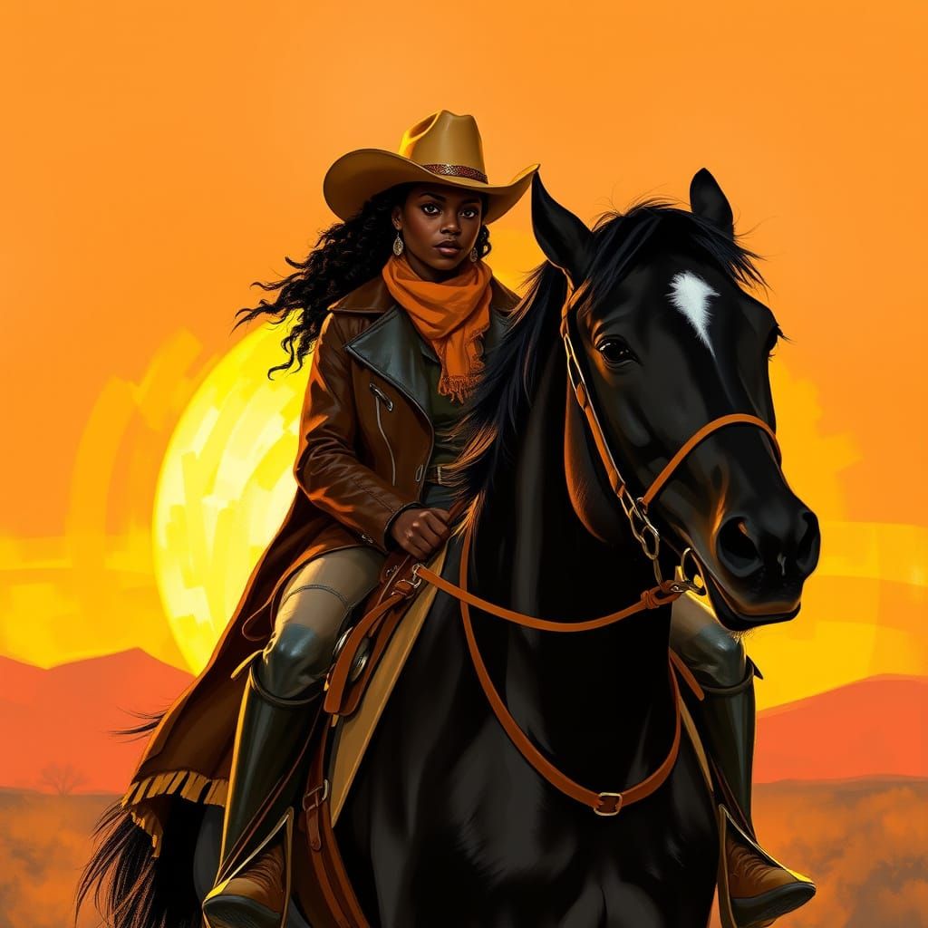 Black Cowgirl Riding Horse at Sunset in Kehinde Wiley Style