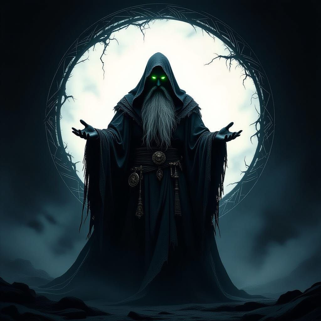 Dark Wizard Before Shimmering Portal in Biomechanical Style