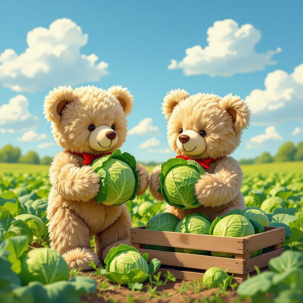 Fluffy Teddy Bears in Cabbage Field Holding Fresh Produce