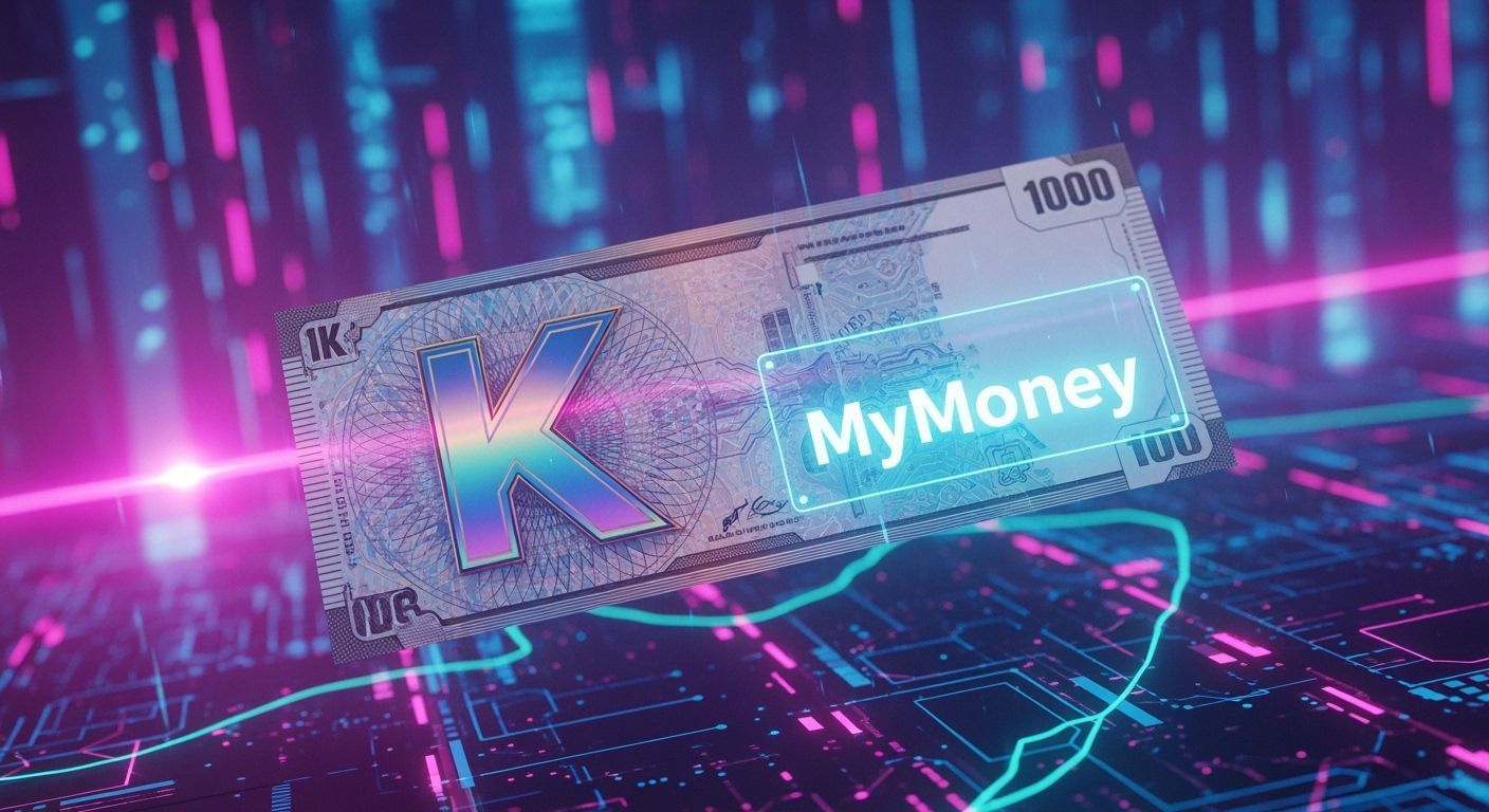 Futuristic 'K' Banknote in Neon Cyberspace