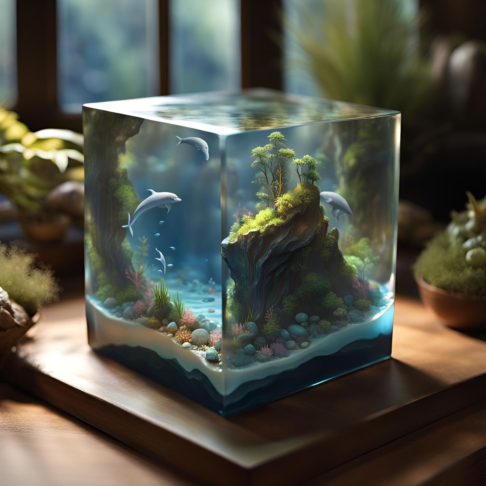Crystal Cube Terrarium with Ocean Scene