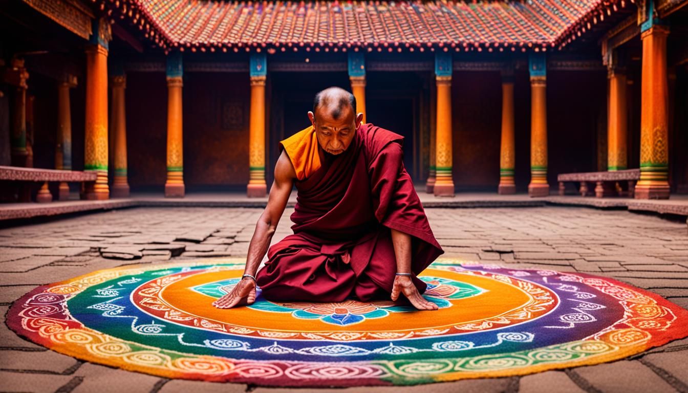 Intricate Sand Mandala Creation in Temple Courtyard