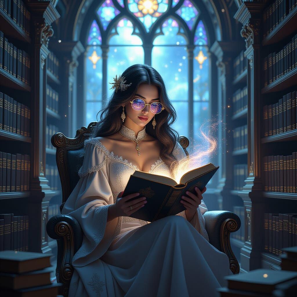 Celestial Librarian in Cosmic Library: Hyperrealistic Fantas...