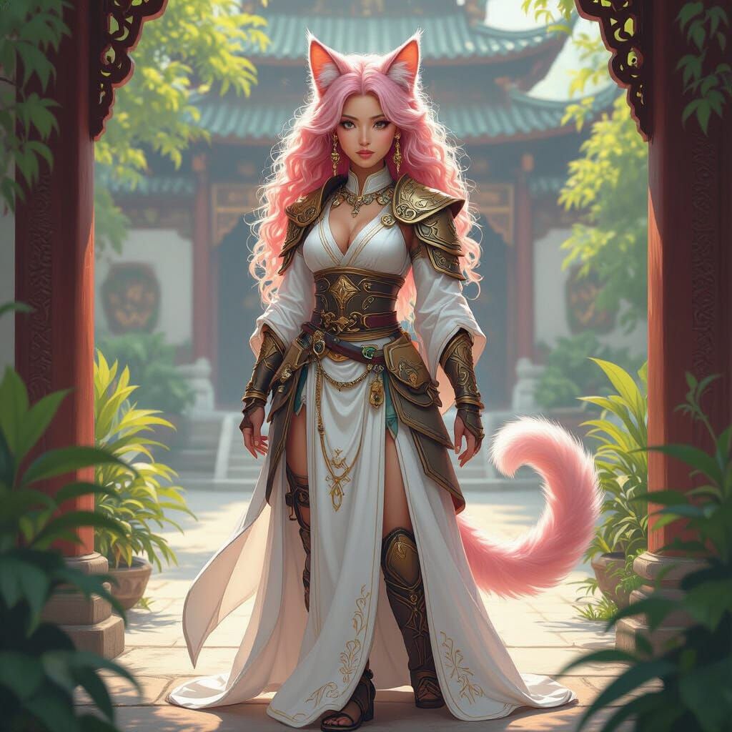 Tabaxi Woman in Temple, Vibrant Digital Art