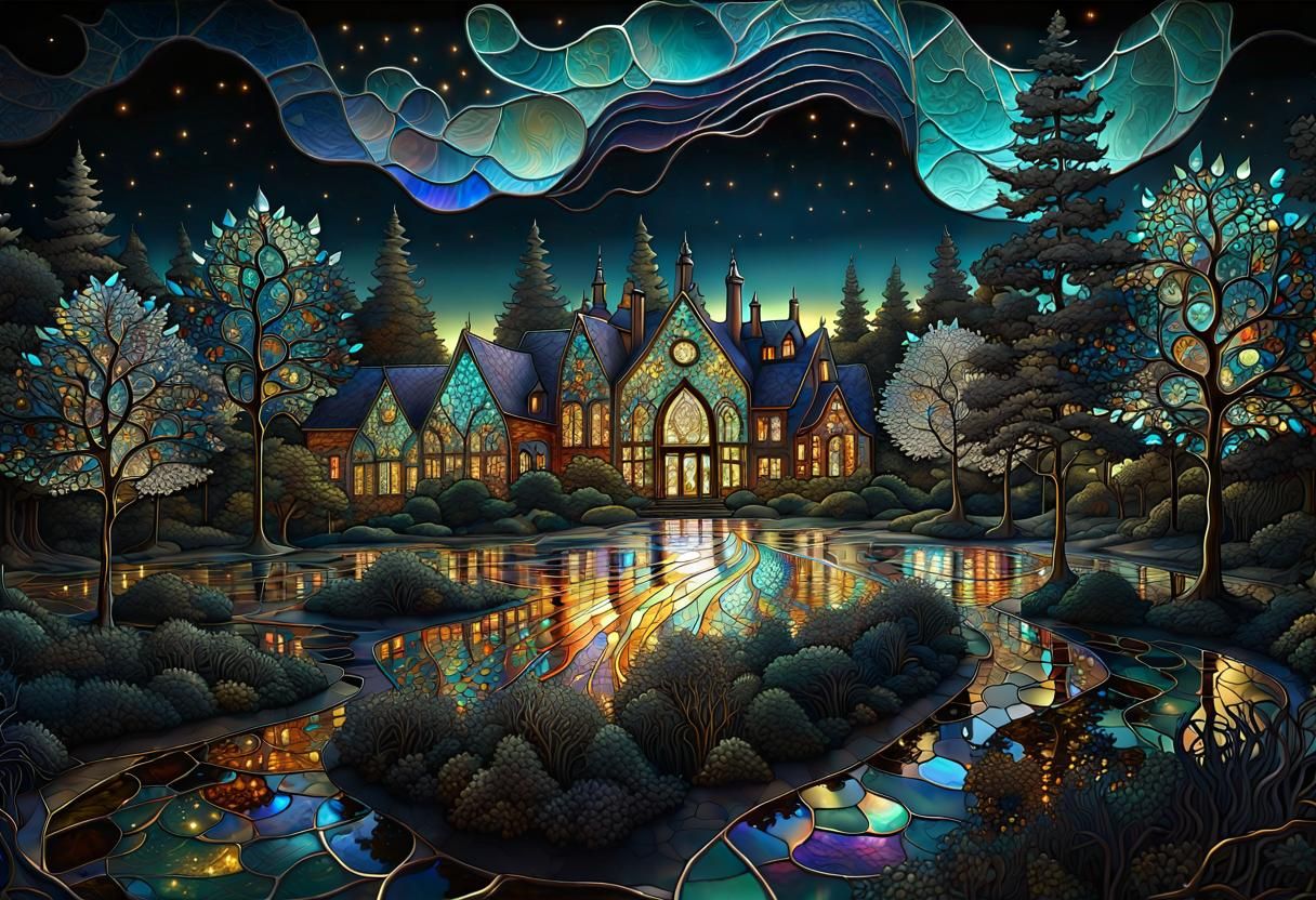 Tiffany Stained Glass: Astral Neighborhood at Twilight