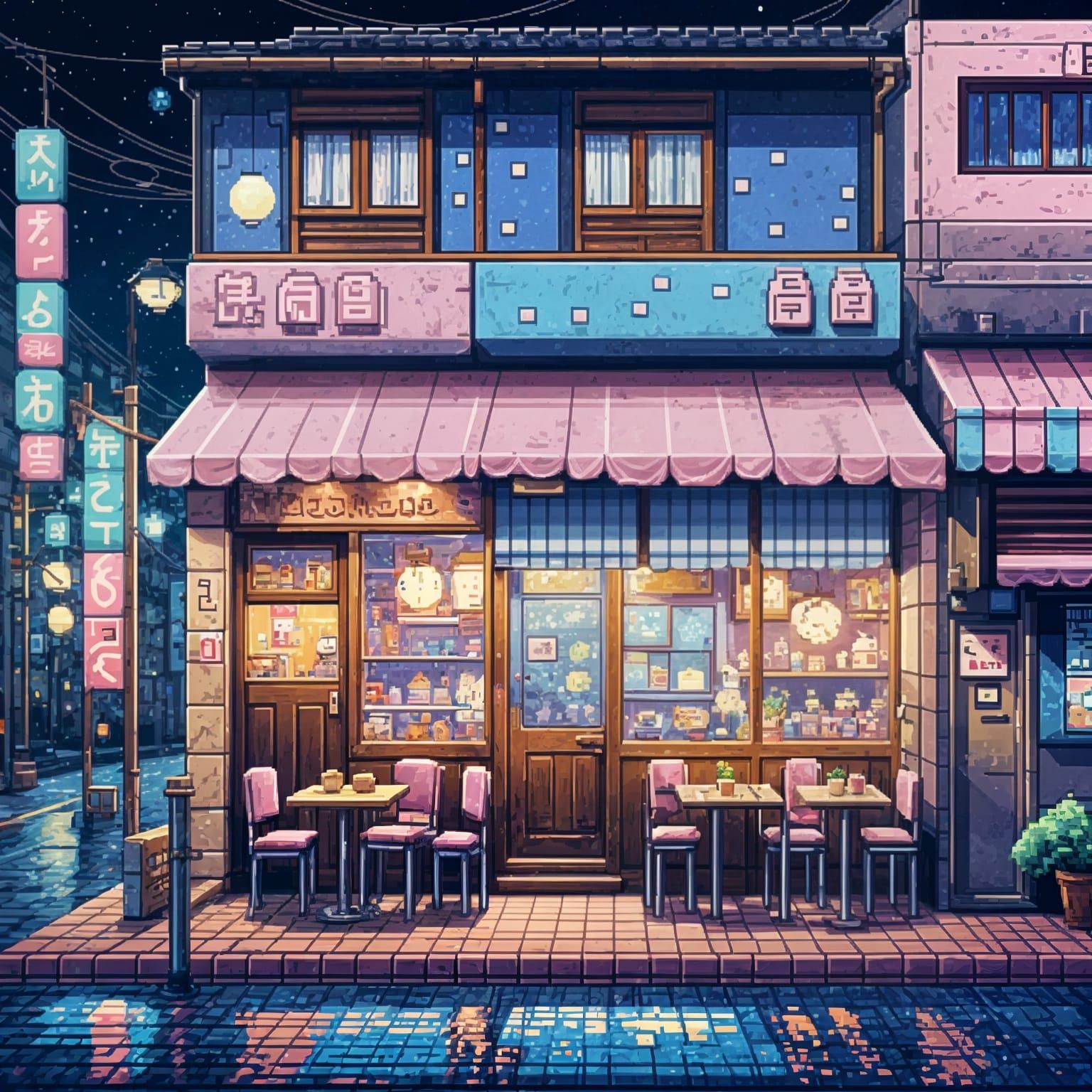 Tokyo Cafe at Night in 16-bit Pixel Art