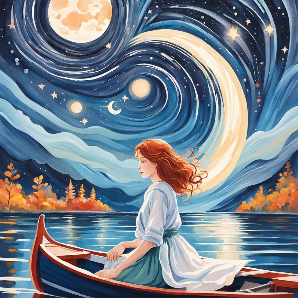 Woman with red hair sitting in a boat.