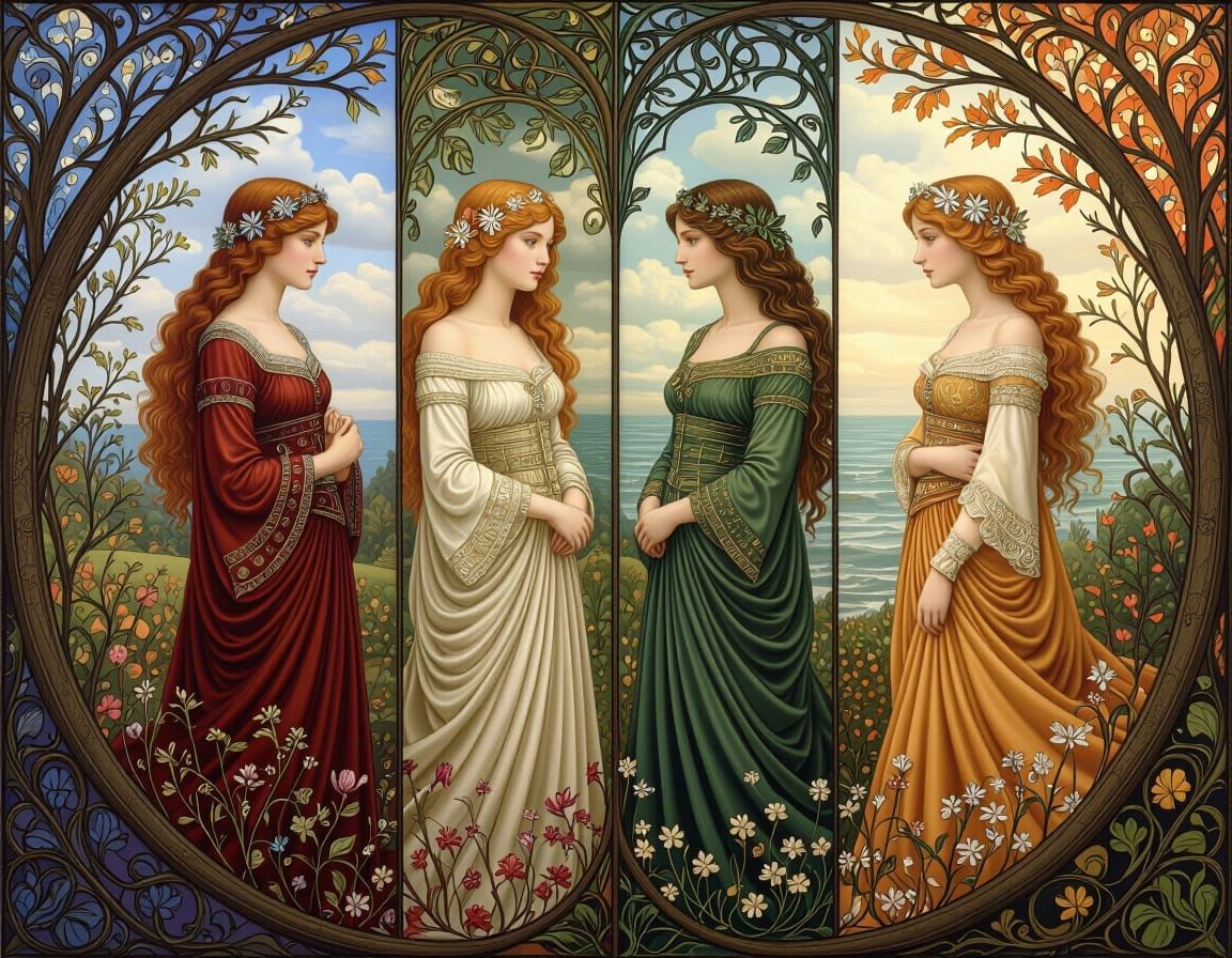 Humanized Seasons in Pre-Raphaelite Oil Painting Style