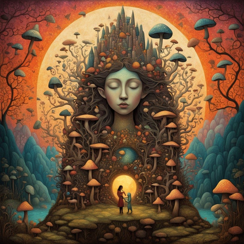 Shamanic Sunset Sculptor Amidst a Labyrinth of Whimsy