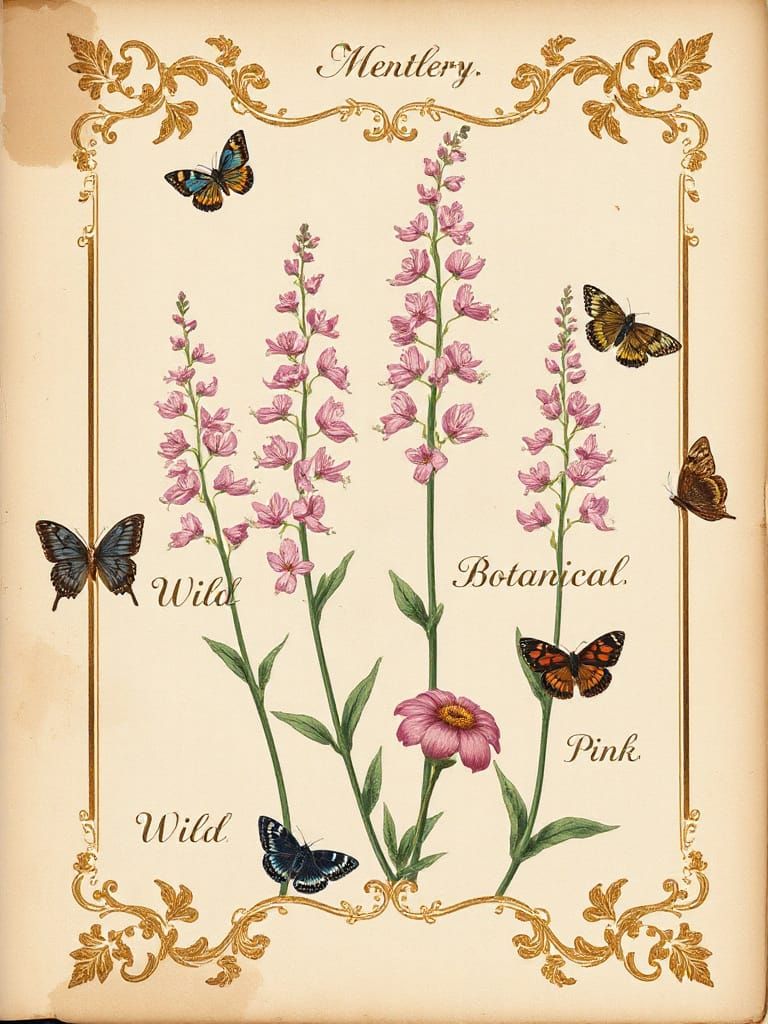 Victorian Botanical Illustration of Pink Wildflowers