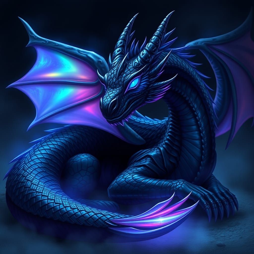 Majestic Black Dragon with Iridescent Wings