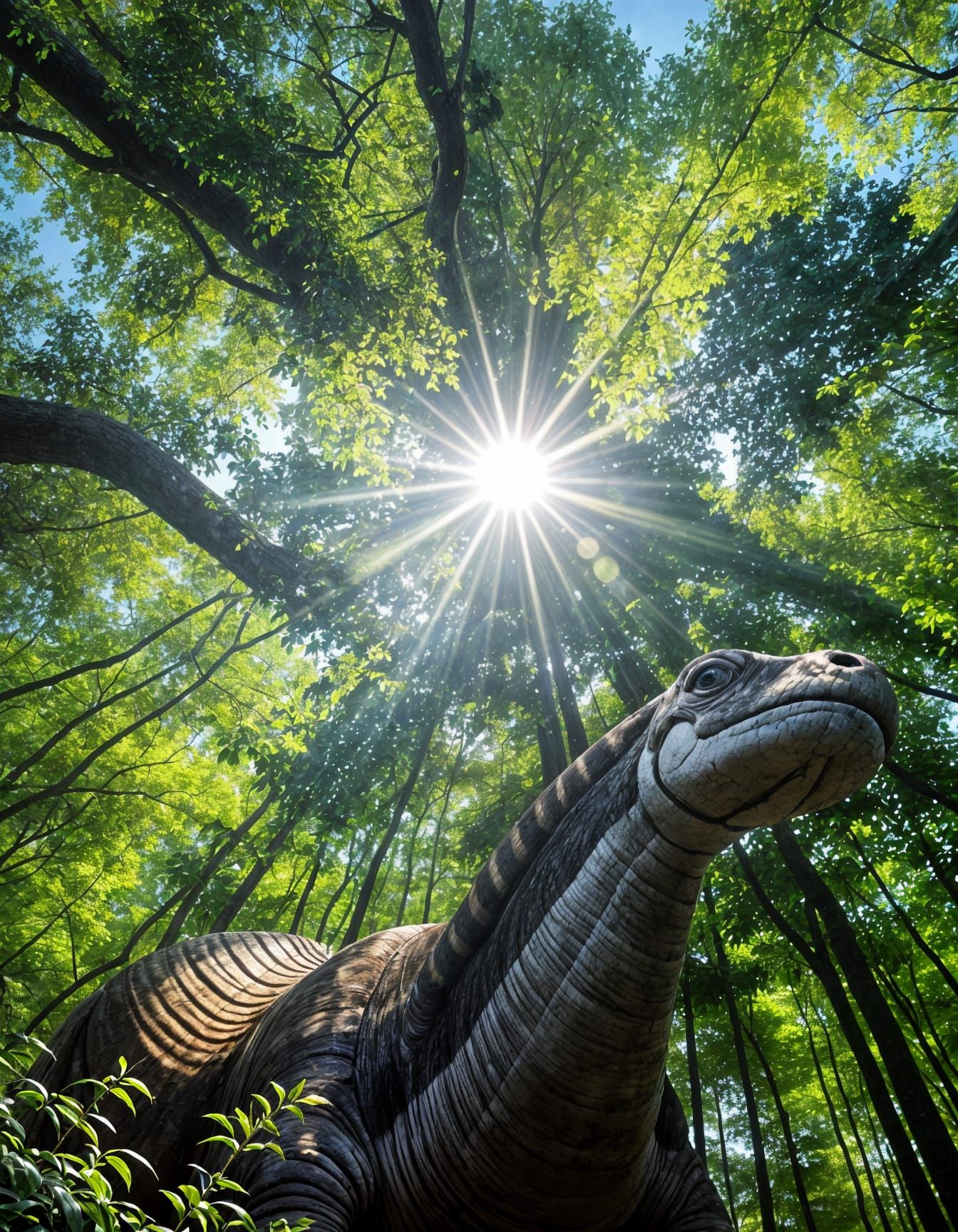 Giant Prehistoric Snail Grazing in Forest Canopy