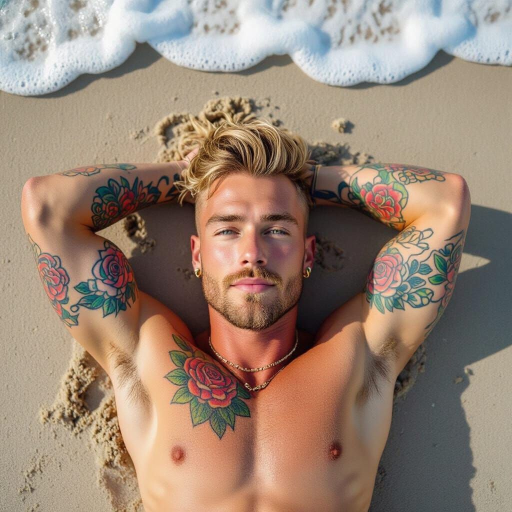 Man Relaxing on Beach with Monumental Muscle Growth