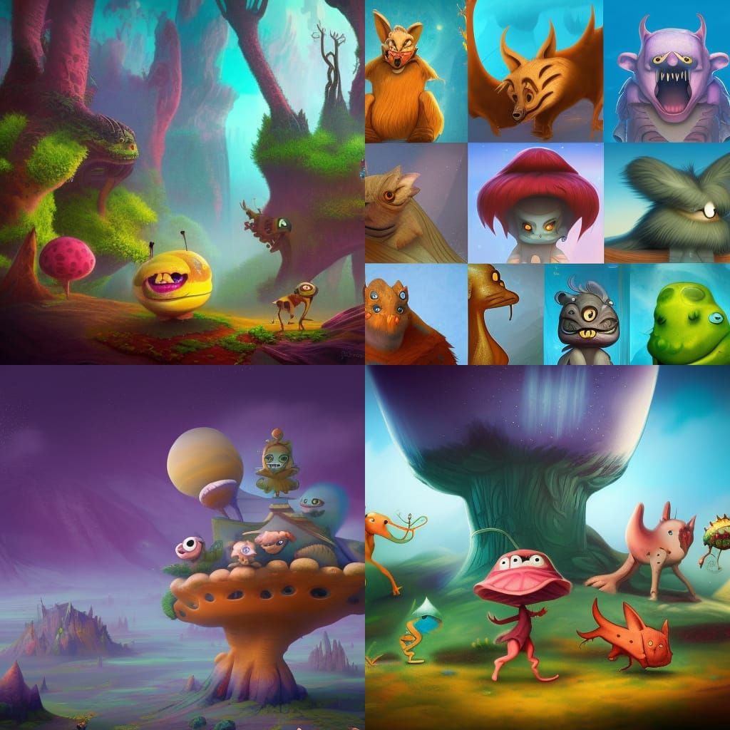 Fantastic Cartoon Creatures on Alien Planet in Detailed Pain...