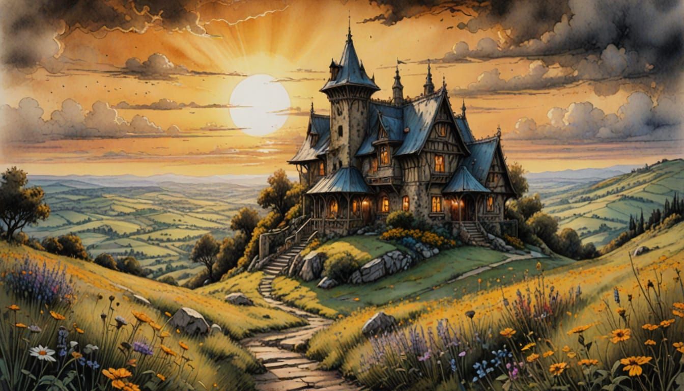 Ethereal Fantasy on Textured Parchment in Triadic Sunset Hue...