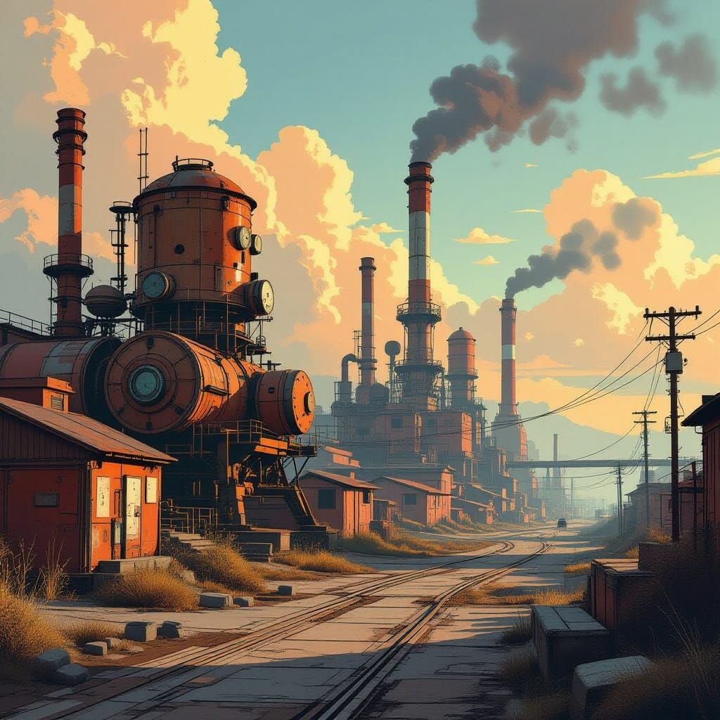 Dieselpunk Landscape with Retro-Futuristic Machinery