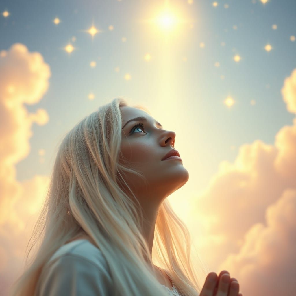 Woman Praying in Ethereal Celestial Scene