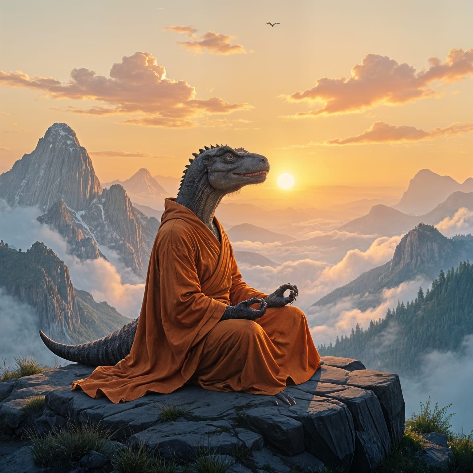 Tyrannosaurus Rex sitting cross legged , meditating on top of a mountain at sunrise