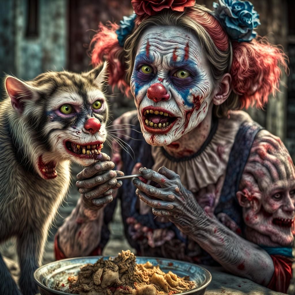 Hyperrealistic Zombie Clown Eats Cat in HDR