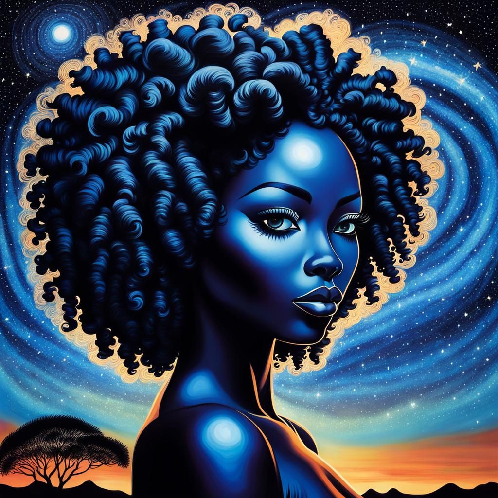 Starlit Silhouette of African Girl in Zentangle Style