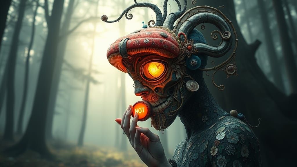 Mystical Button with Glowing Amanita in Cosmic Bio-Art