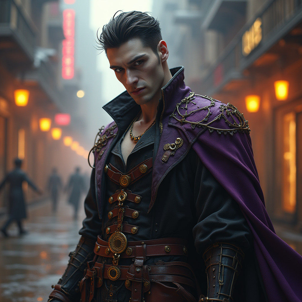 Steampunk Vampire in Cyberpunk Cityscape