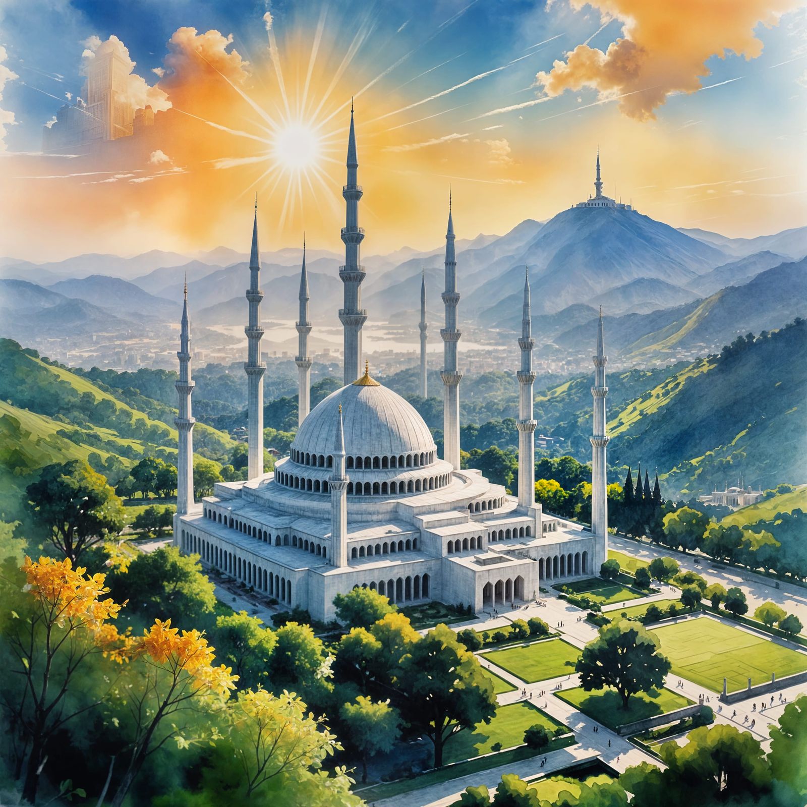 Surreal Watercolor Mosque Amidst Majestic Hills
