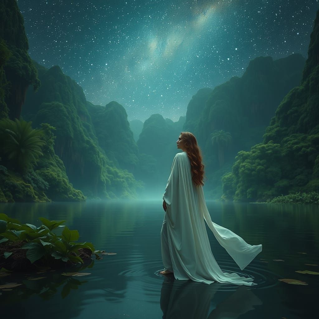 Ethereal Woman in Ancient Jungle Lake at Night
