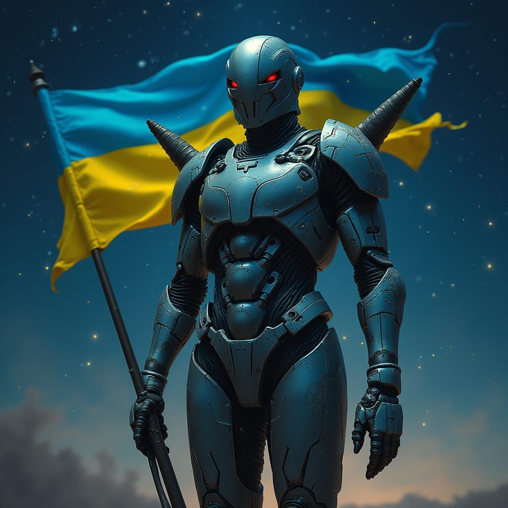 Cybernetic Hunter Wields Ukraine's Flag Under Starry Skies