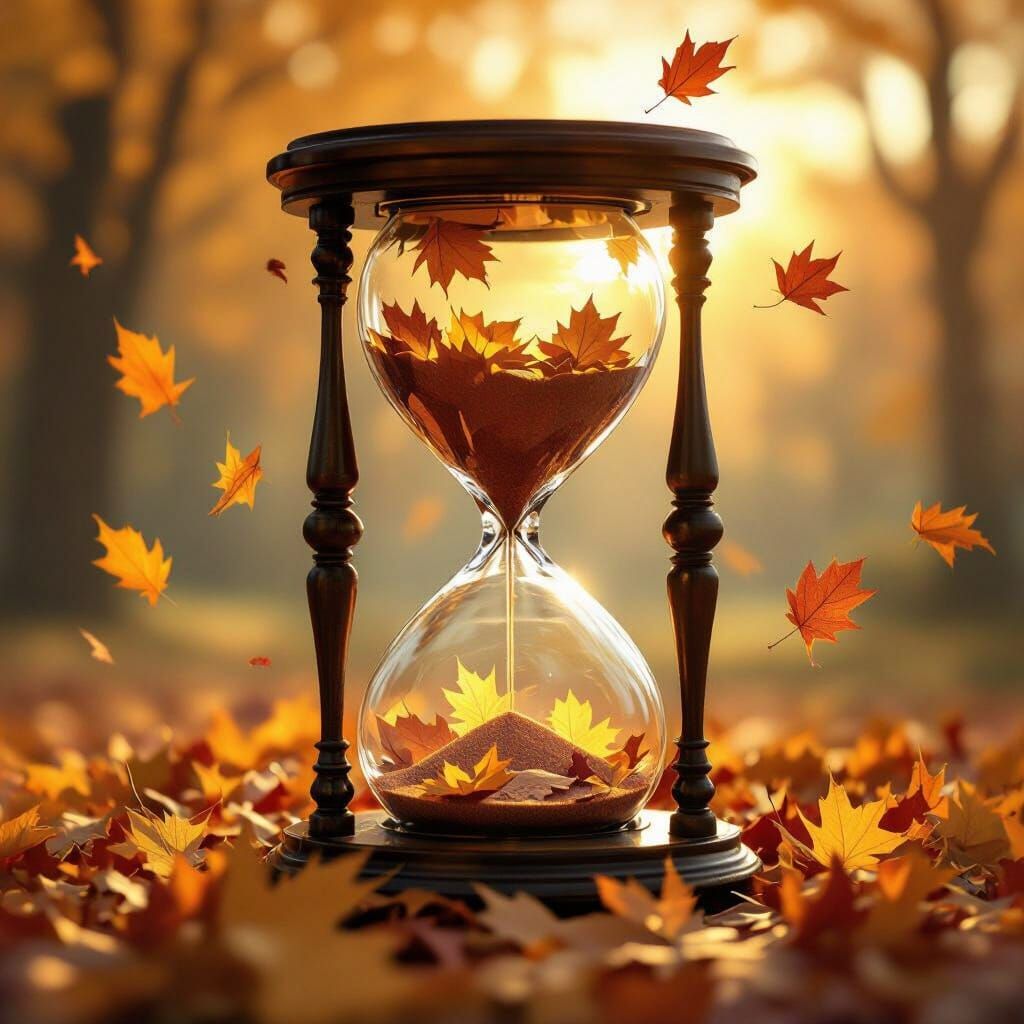 Autumn Leaves Flow Through Antique Hourglass in Golden Light