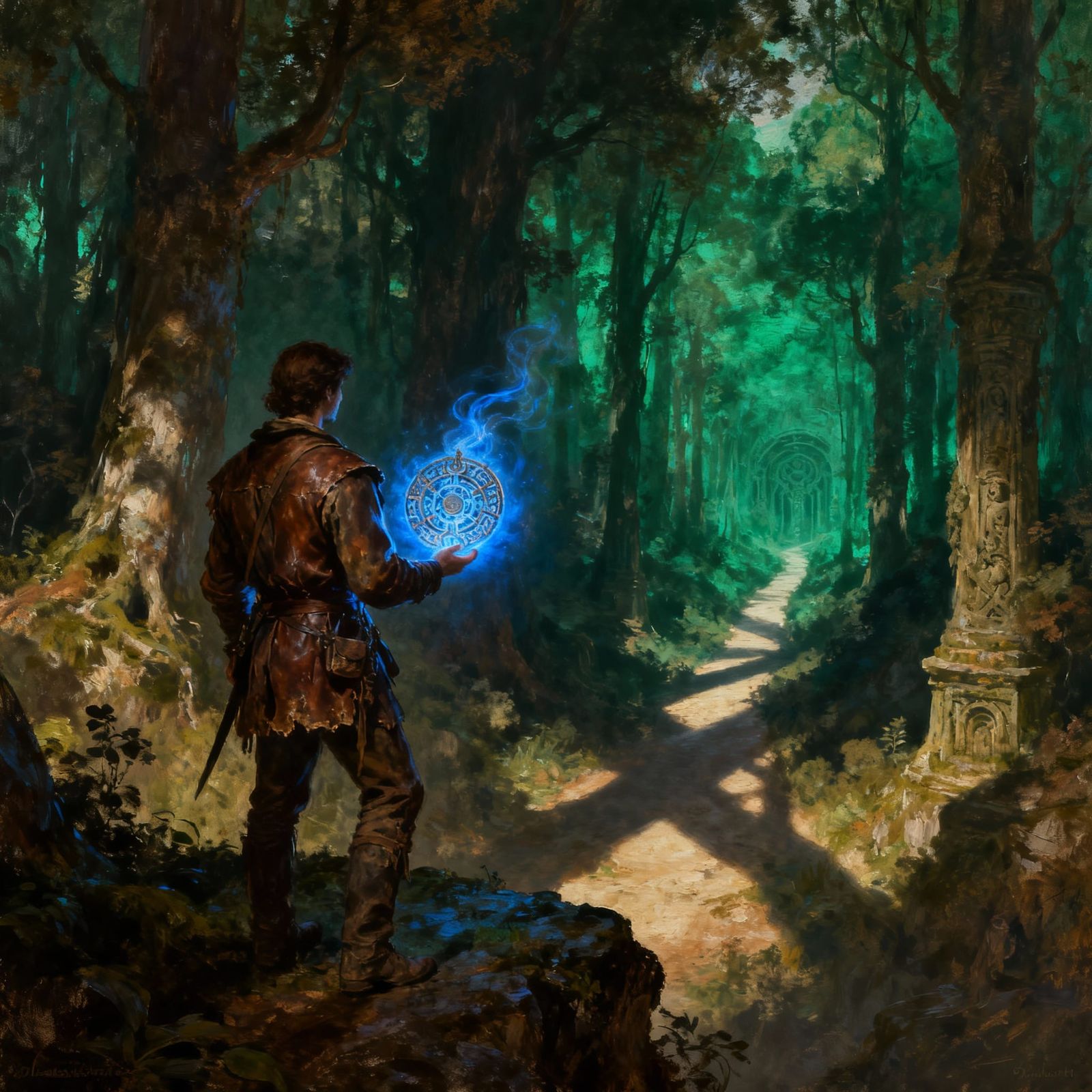Explorer Holds Glowing Artifact at Ancient Forest Edge