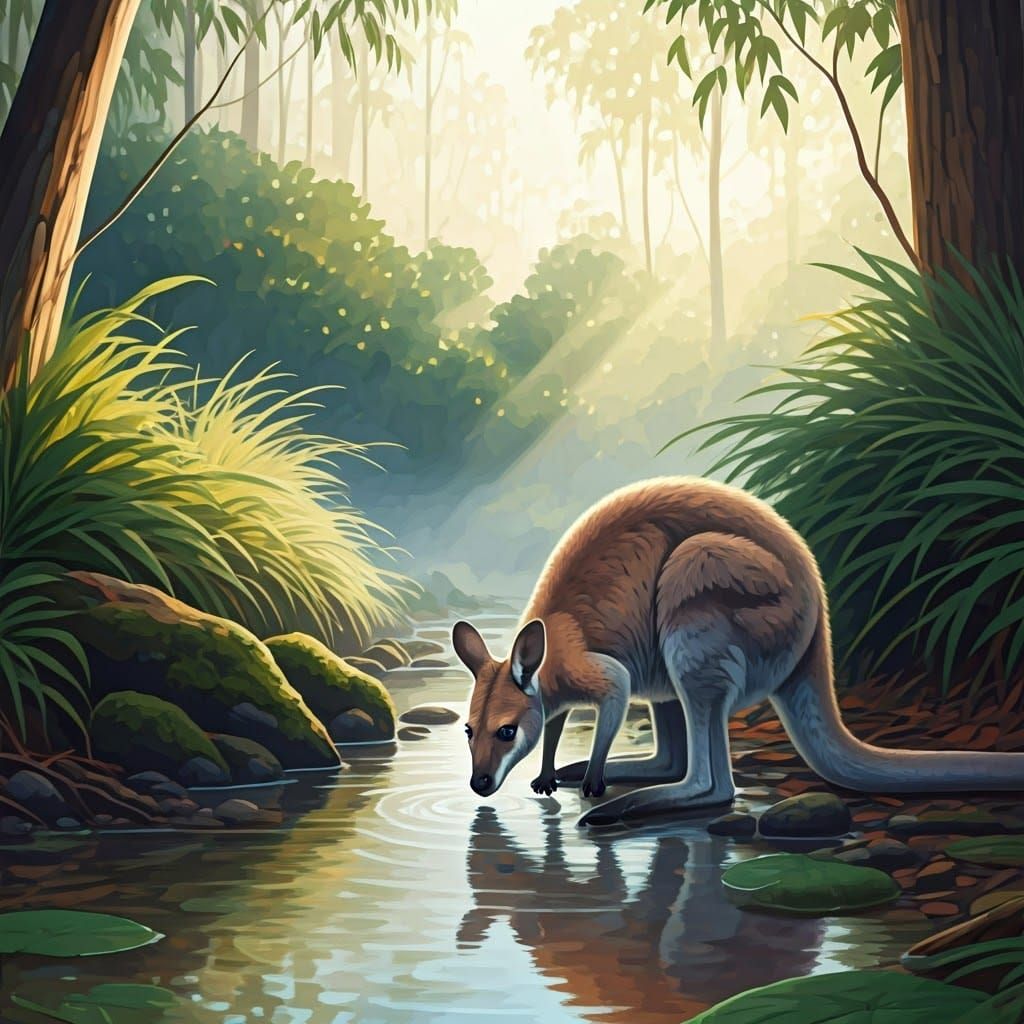 Wallaby Lapping Water in Australian Bush, Watercolor Style