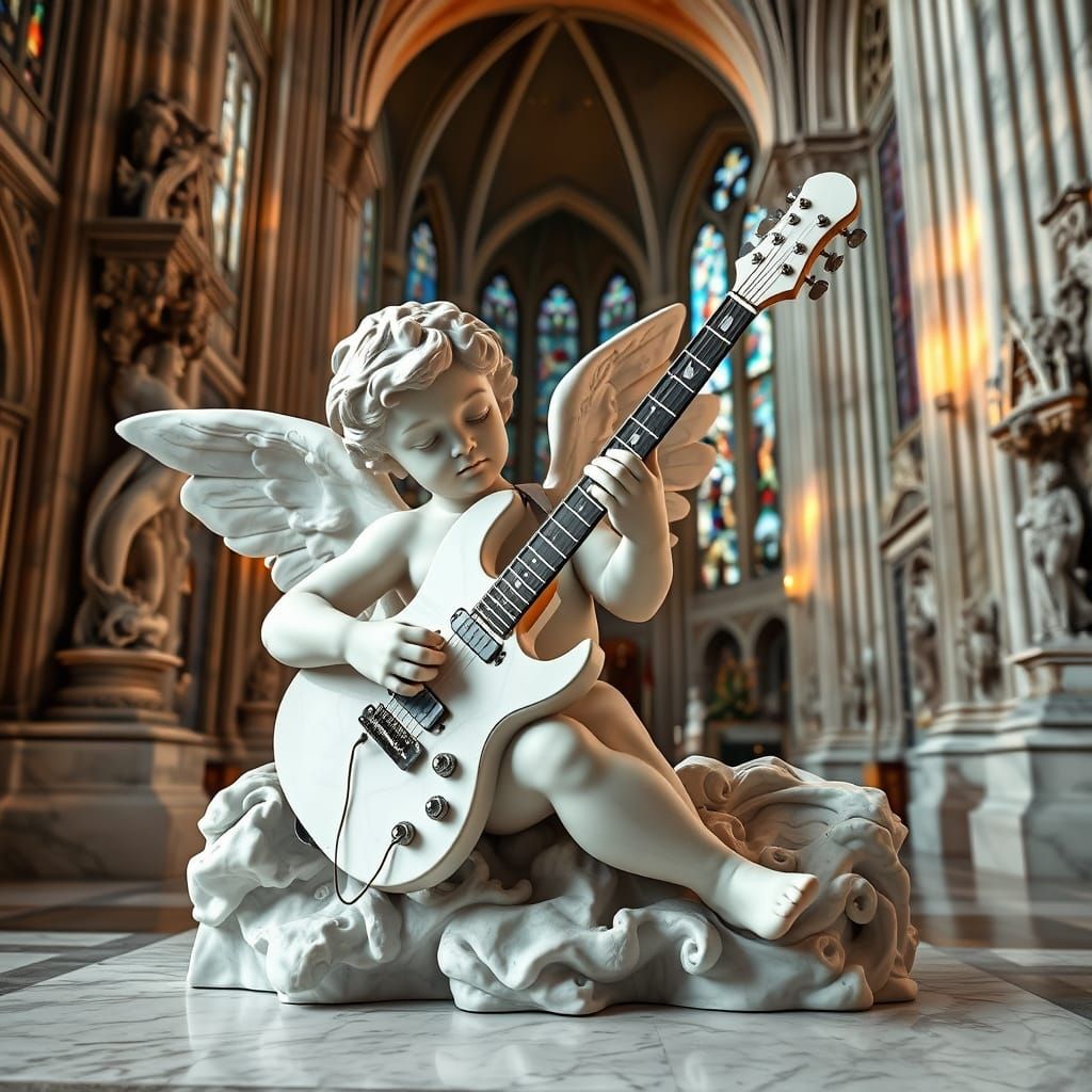Cupid Cradles Electric Guitar in Marble Cathedral Scene