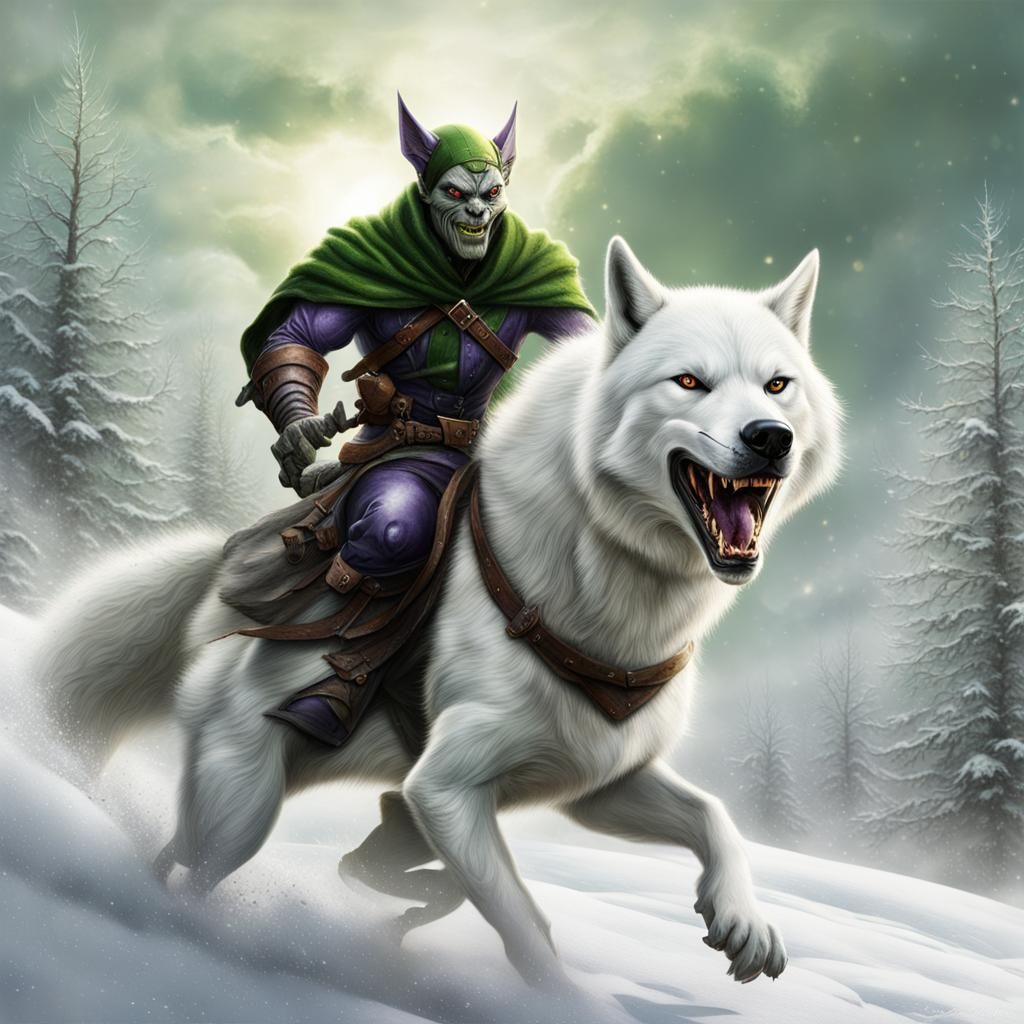 Green Goblin Rides White Wolf in Snowy Landscape