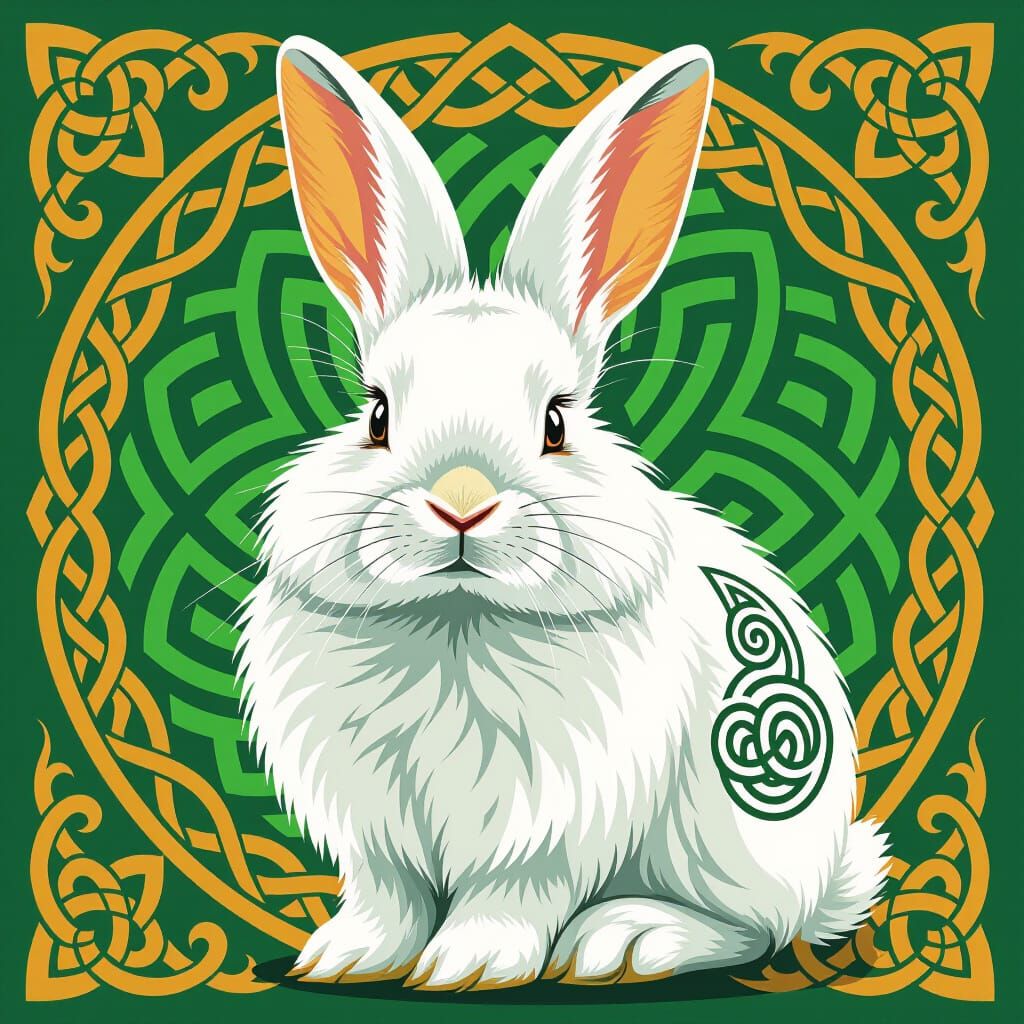 Fluffy Rabbit with Celtic Knots in Emerald and Gold