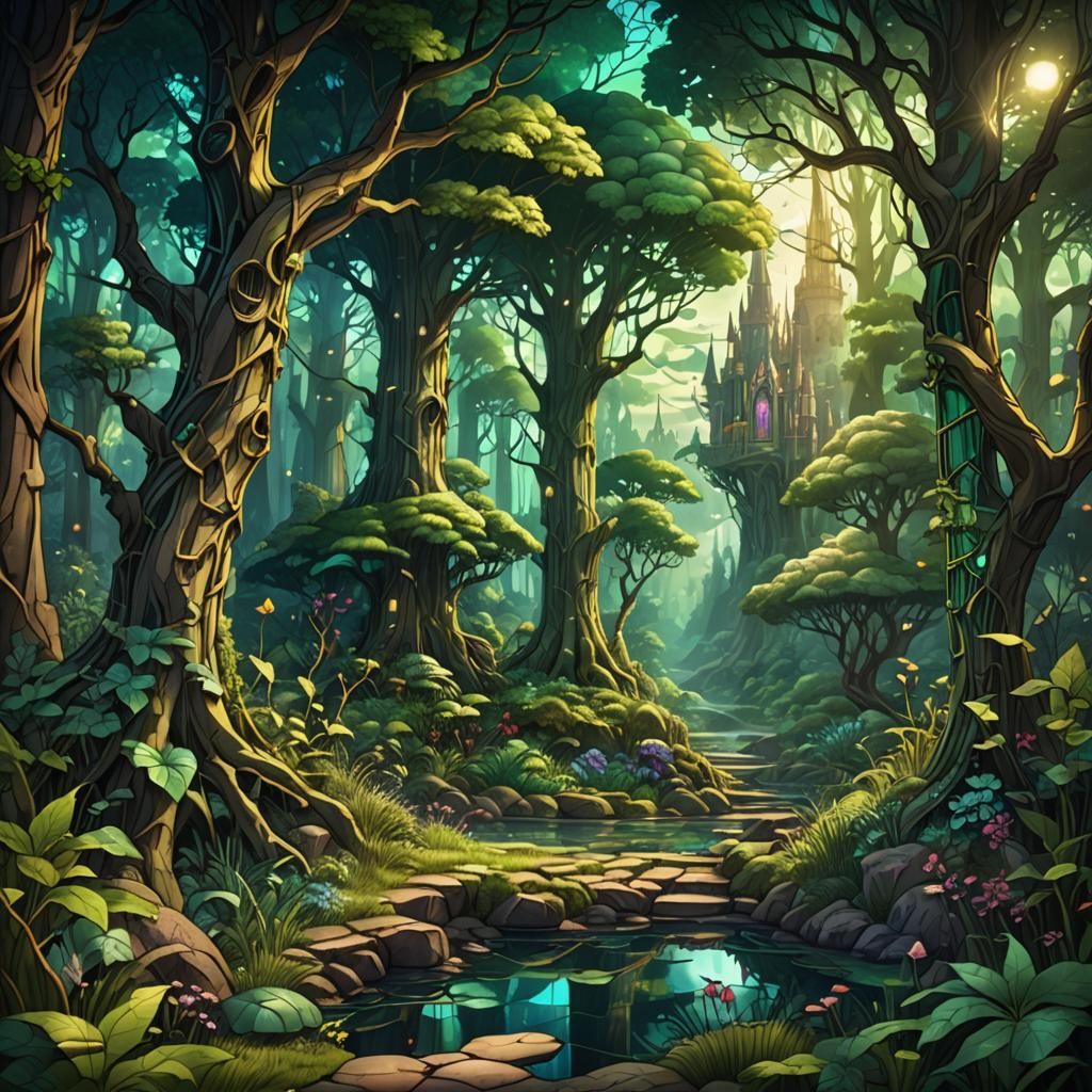 Mystical Forest in Stained Glass Style