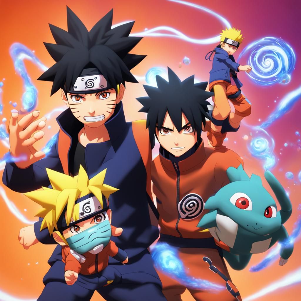 Naruto and Sasuke with Bakugan and Pokemon. 3D art