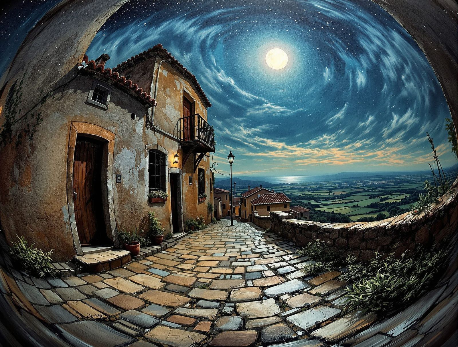 Mediterranean Town Street: Acrylic Painting with Starry Sky