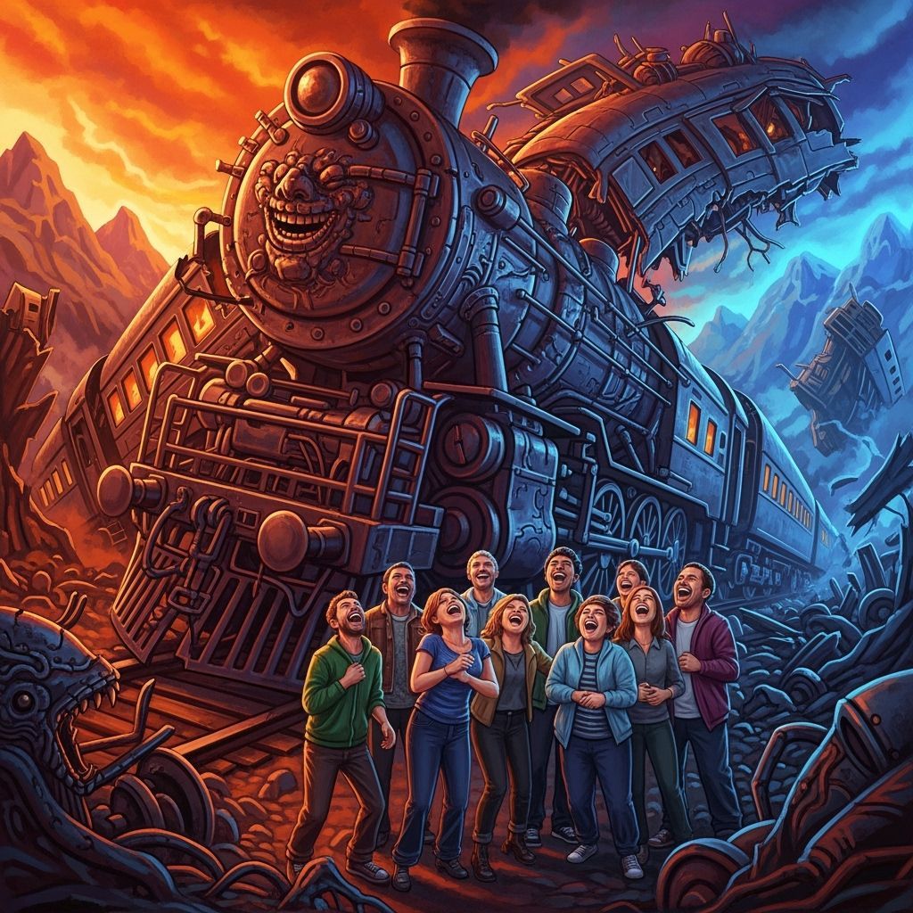 Joyful Laughter Amidst Surreal Train Wreck Painting