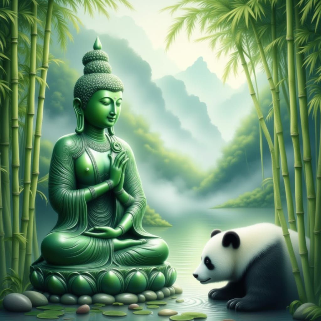 <lora:Fernoestliches Flair:1.0> green Tara Statue Bamboo garden Panda mountains