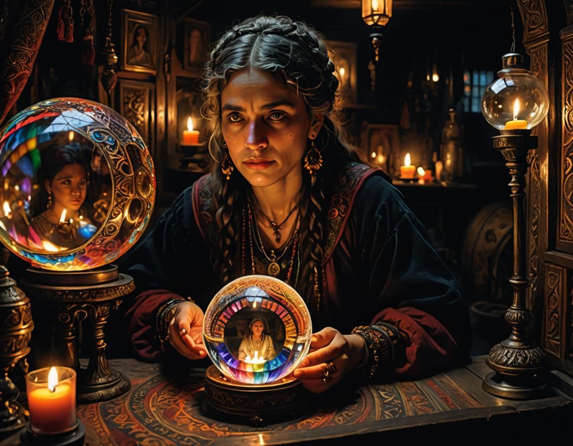 Gypsy Woman Gazing into Crystal Ball, Rembrandt Lighting