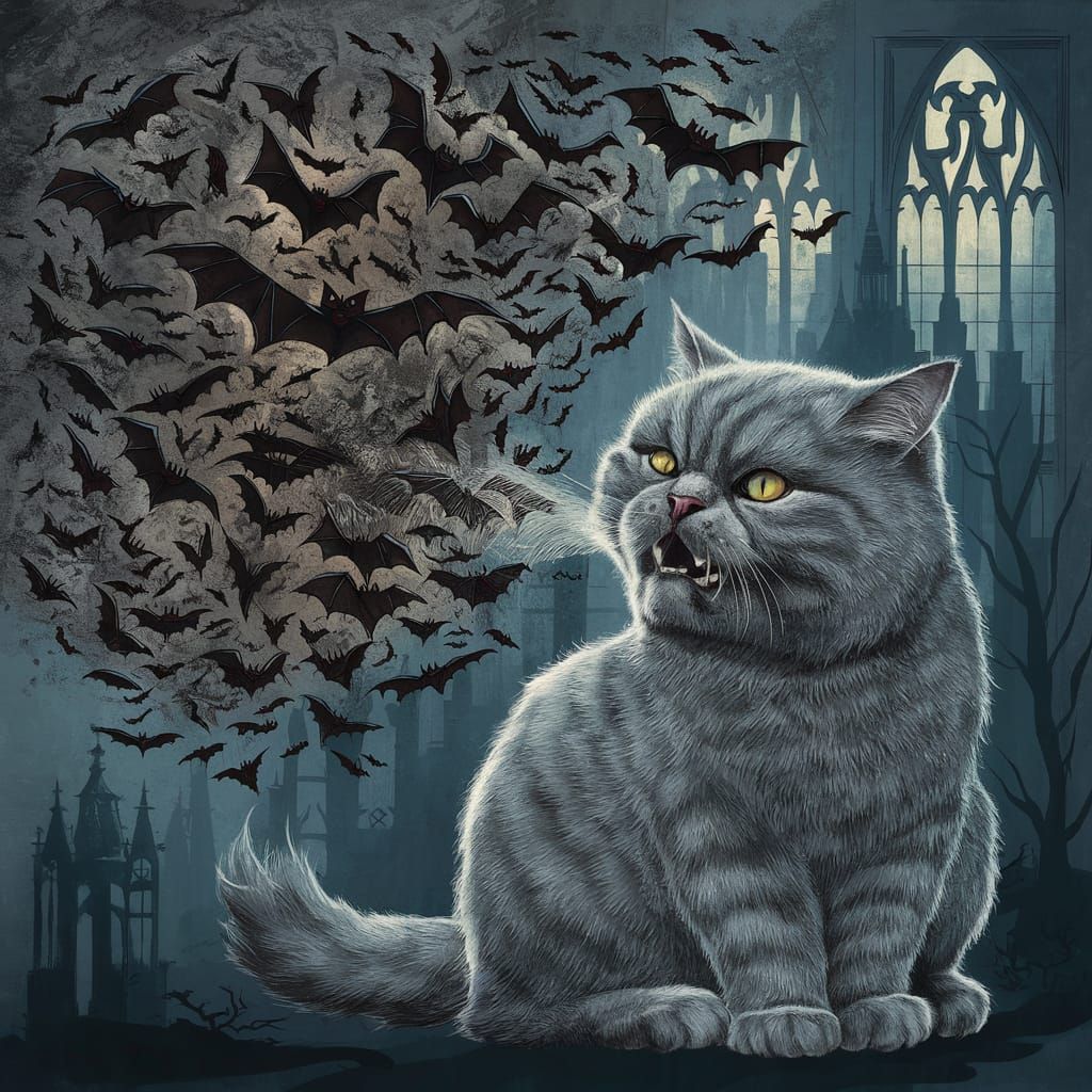 Furry grey cat sneezing