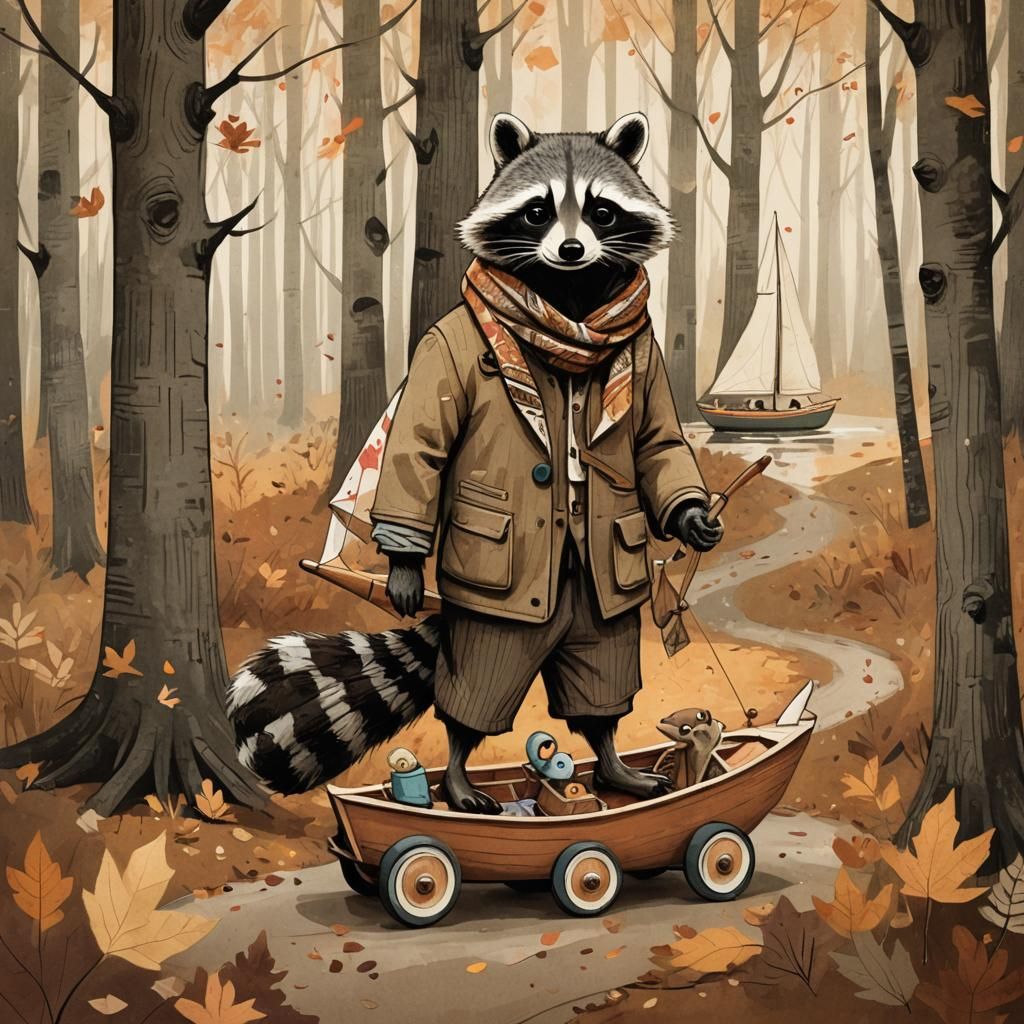 Raccoon Pulling Sailboat in Autumn Forest Illustration
