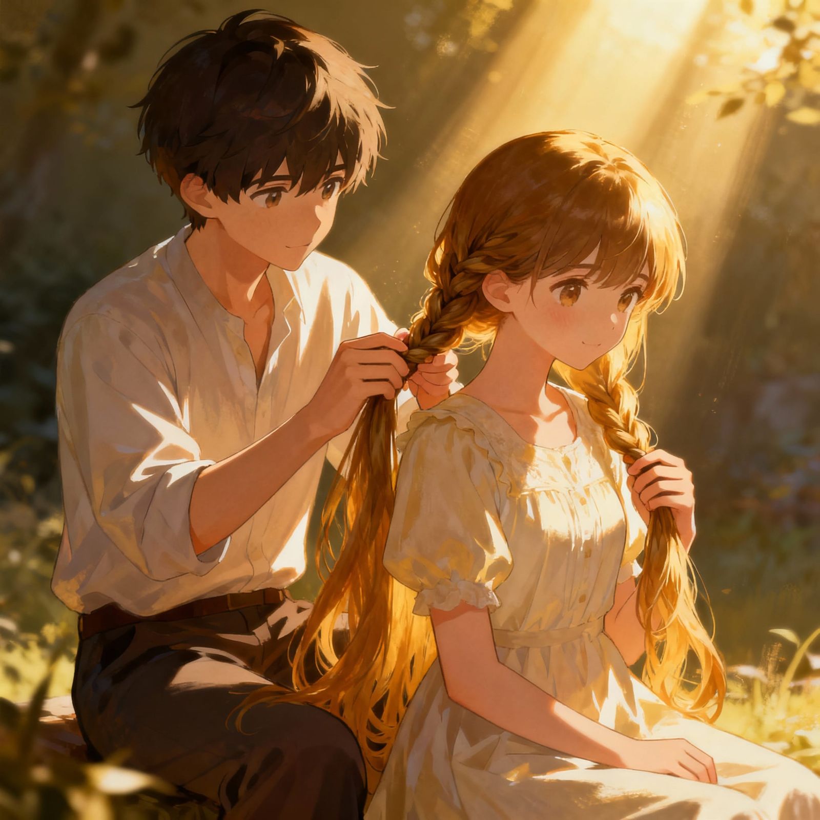 Heartfelt Anime Moment: Boy Braids Girl's Hair