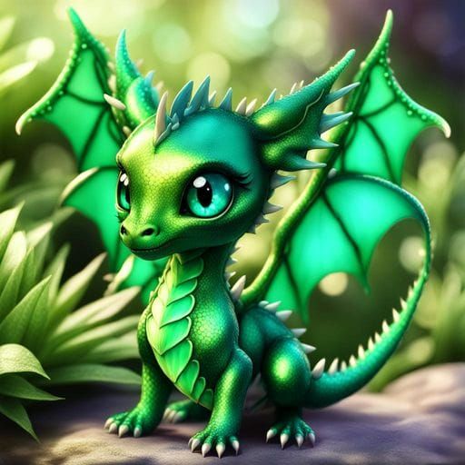 Adorable Emerald Dragon in Bioluminescent Garden
