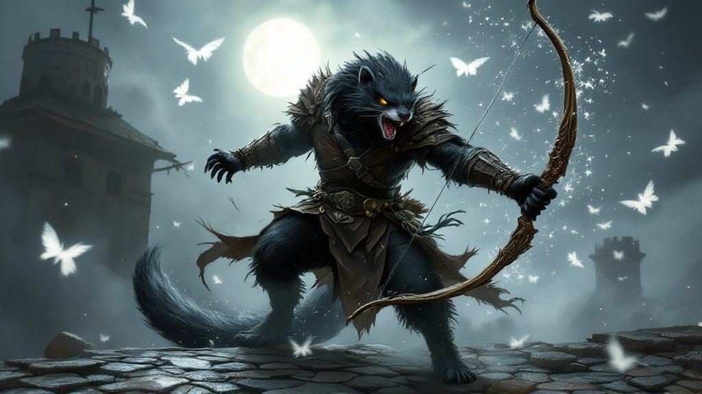 Ferocious Ranger Surrounded by Swirling Moths Under Starry N...