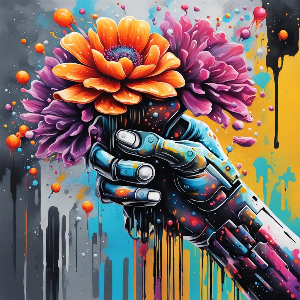 Cybernetic Hand Offers Flower in Graffiti Art