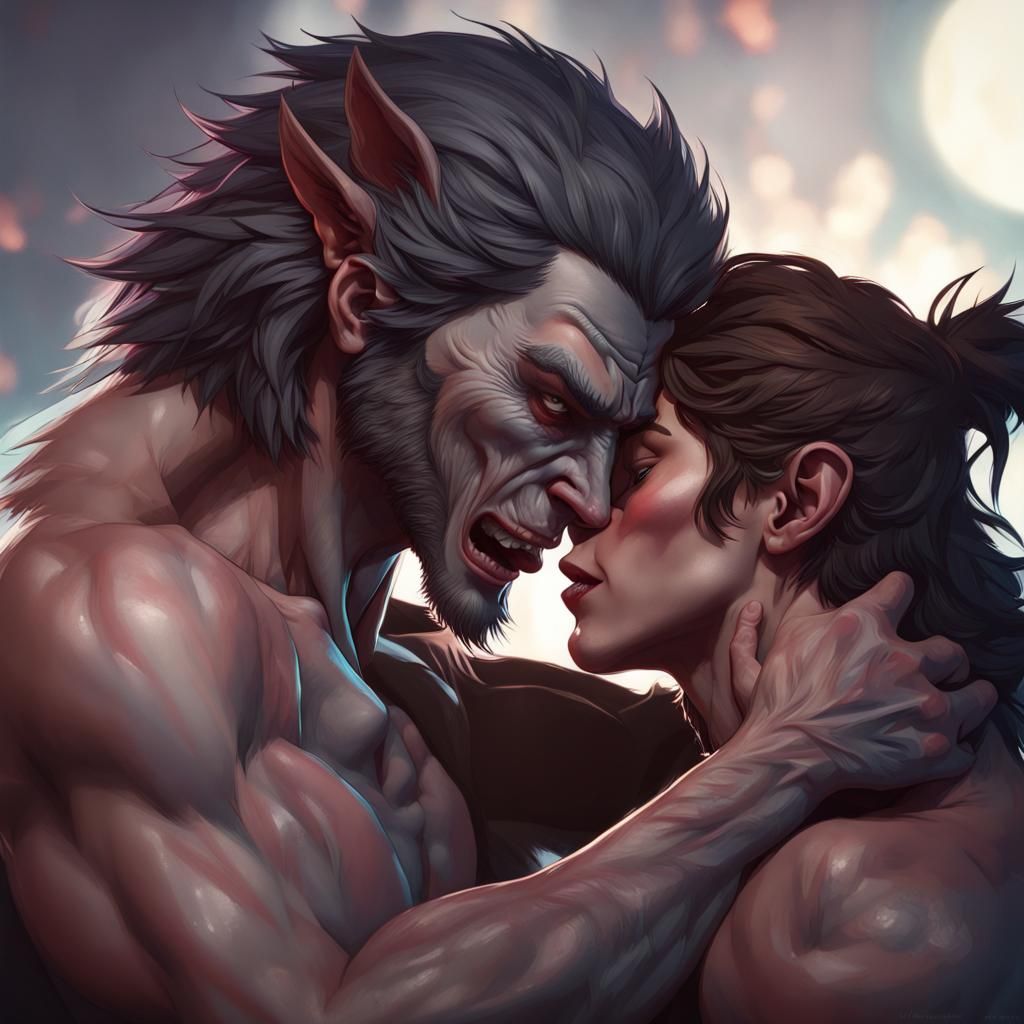 Vampire and Werewolf Kissing: Hyperdetailed Portrait