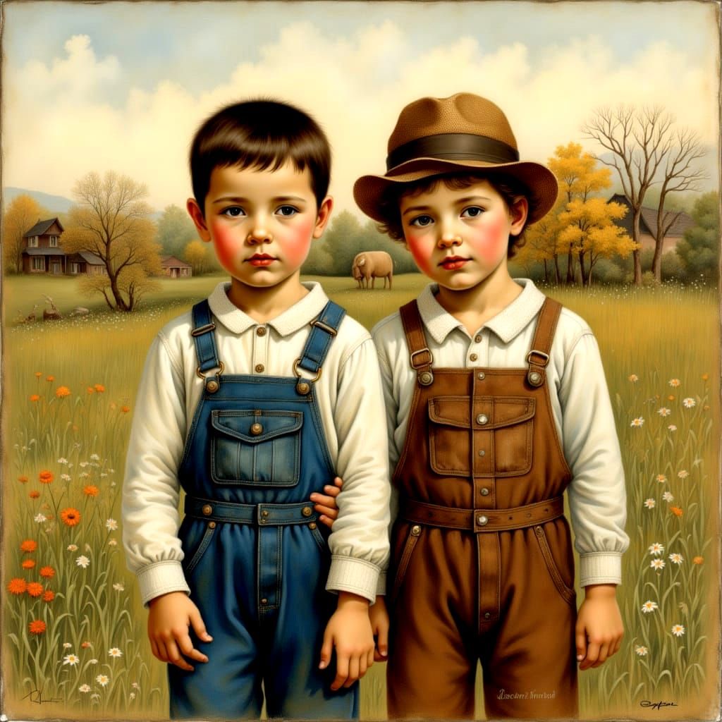 <lora:my cute world:1.0> children  wearing overalls in a barnyard, by bessie pease gutmann