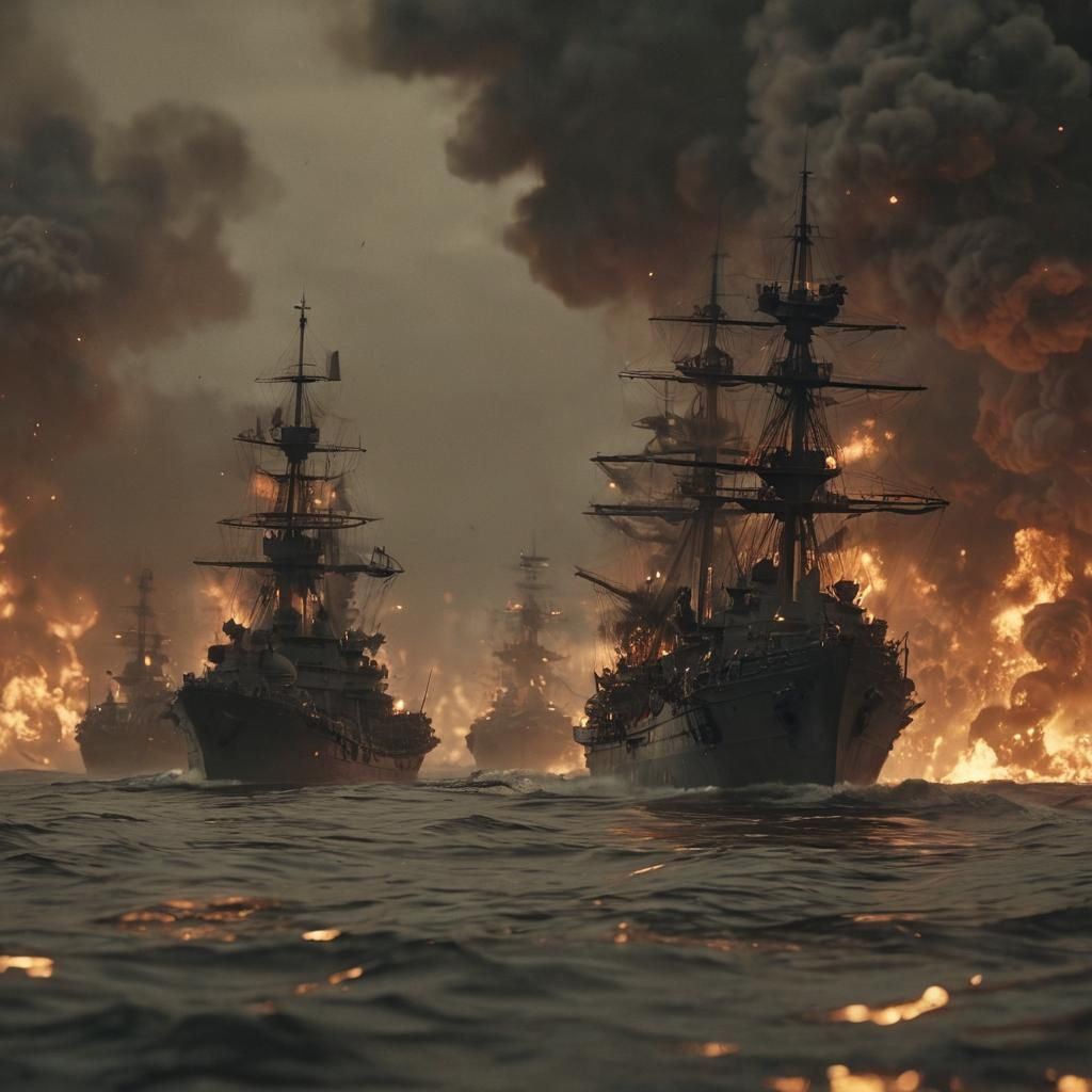 Intense Naval Battle with Warships Ablaze